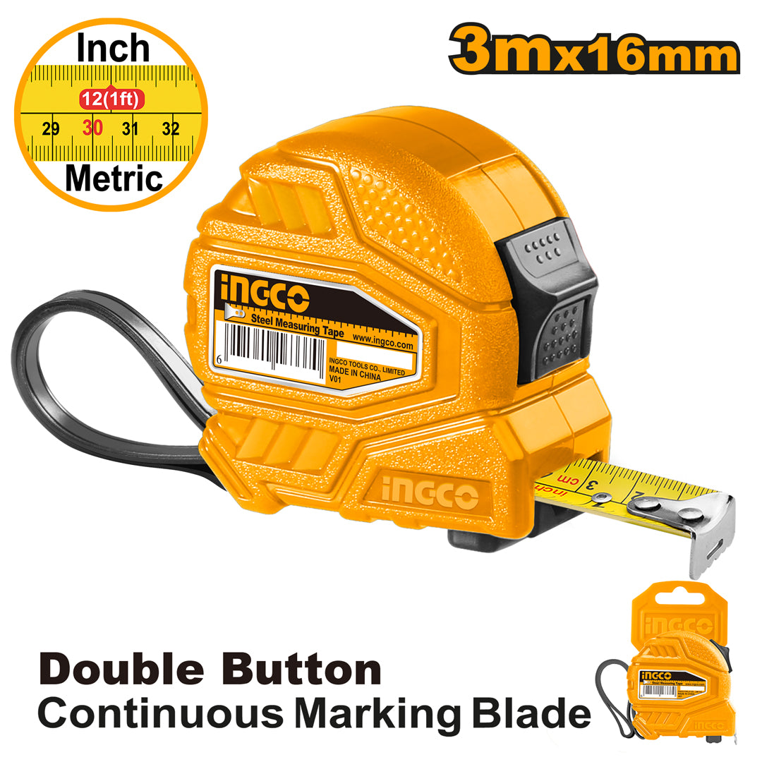 INGCO Steel Measuring Tape 3m x 16mm – Yellow Case, New Design
