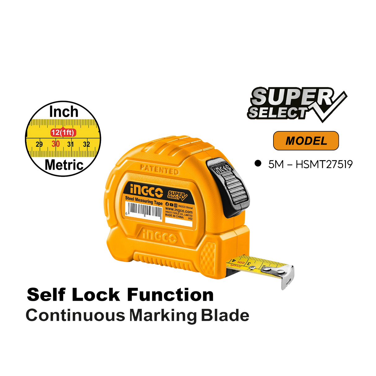 Steel Tape Measure Double Button w/ Pure ABS 5 Meter HSMT27519 ING-MT