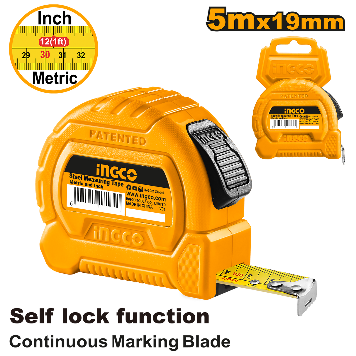 ingco self-lock steel measuring tape measure double button w/ pure abs 3m/5m ing-ht product photo