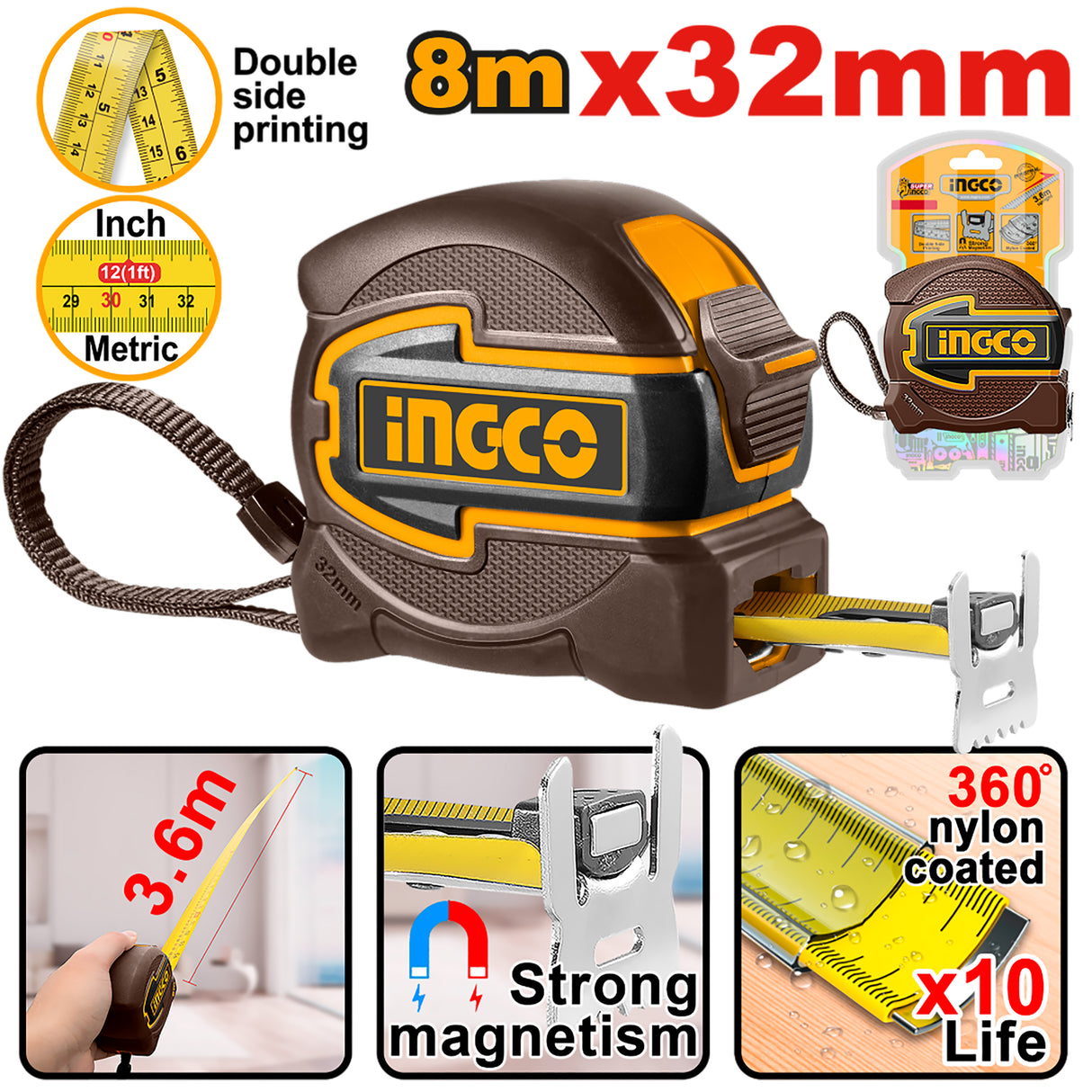 Ingco by Winland steel measuring tape 8m × 32mm