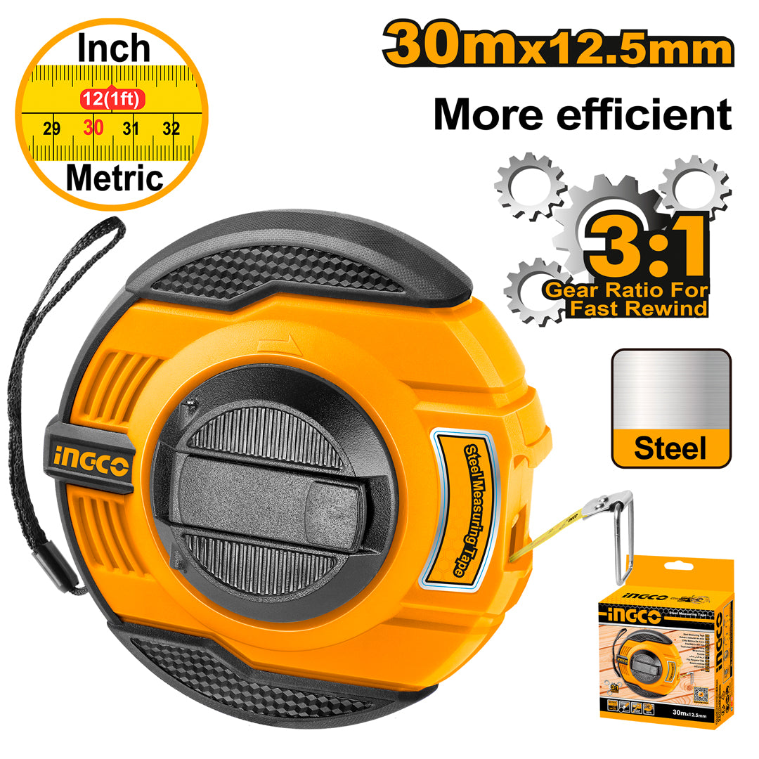 Ingco 30m fast rewind steel measuring tape rubber grip