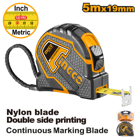 INGCO HSMT88052 industrial steel measuring tape nylon blade 5m double sided