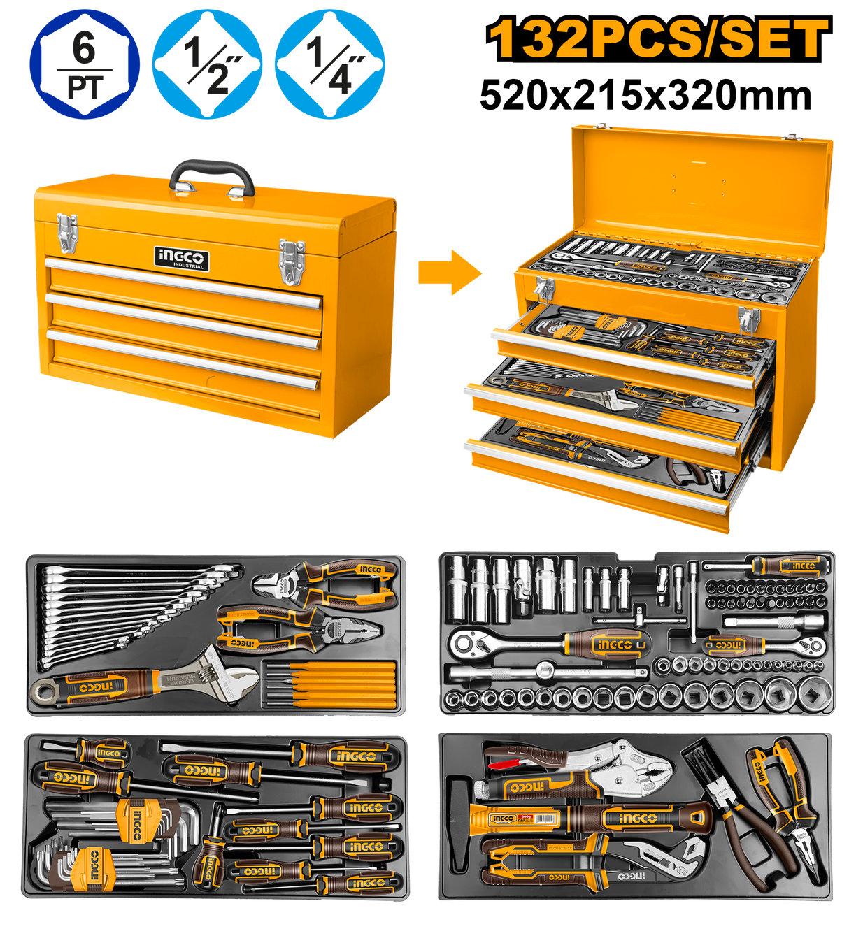 132pcs Tool Chest Set with 3pcs Drawers & 1pc Top Tracy Area HTCS221321 ING-TS