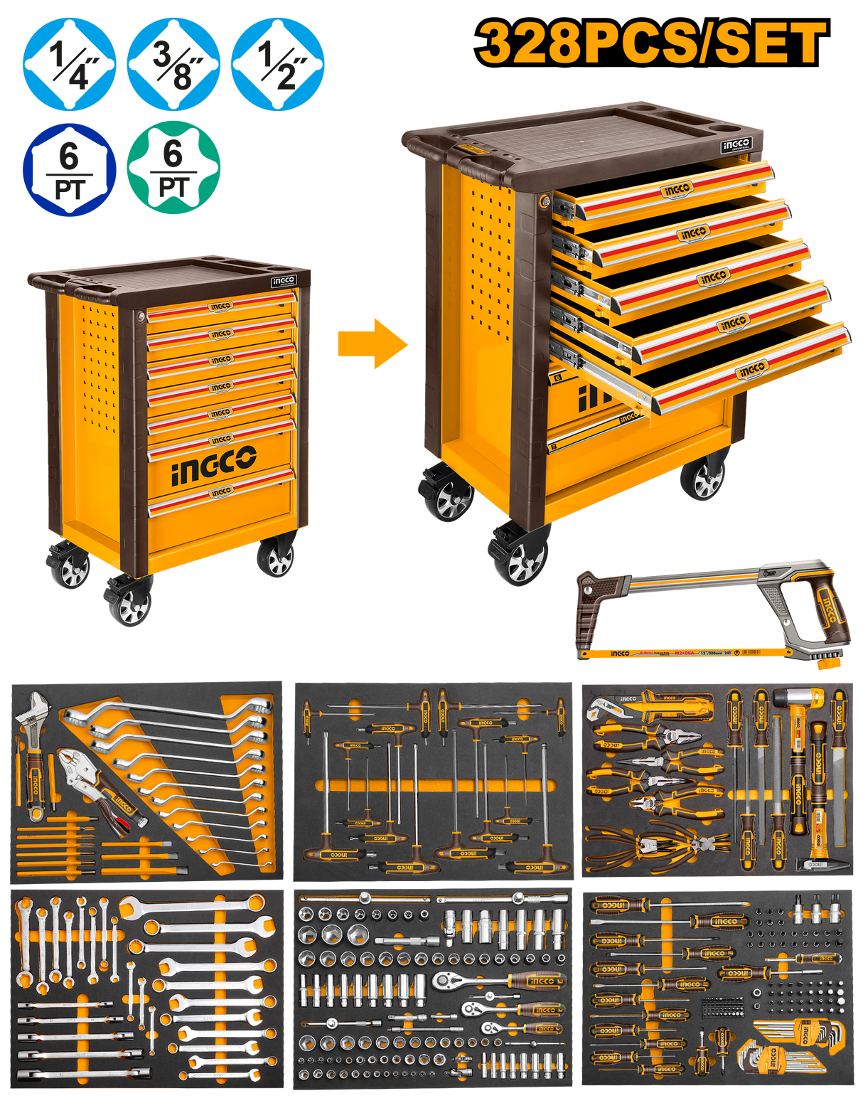 (328pcs Tool Chest Set) Roller Cabinet with 7pcs Drawers HTCS273281 ING-TS