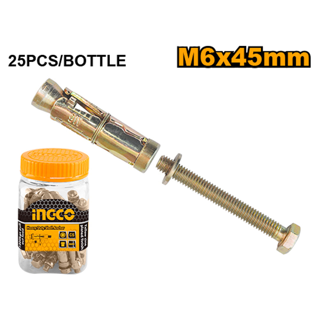 INGCO Heavy Duty Shell Anchors – Yellow Zinc Plated (Bottle Pack)