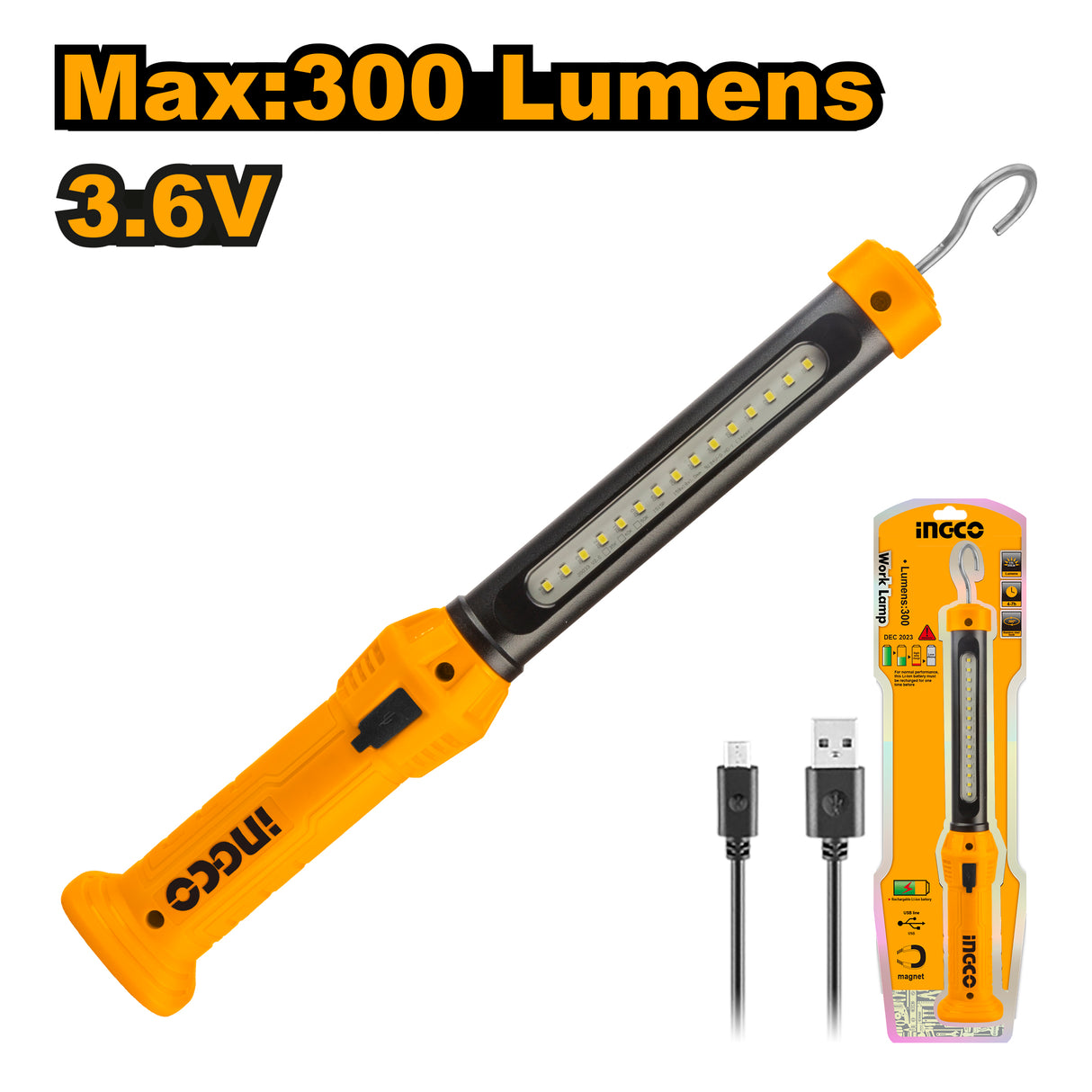 INGCO rechargeable LED work lamp 300 lumens with lithium polymer battery