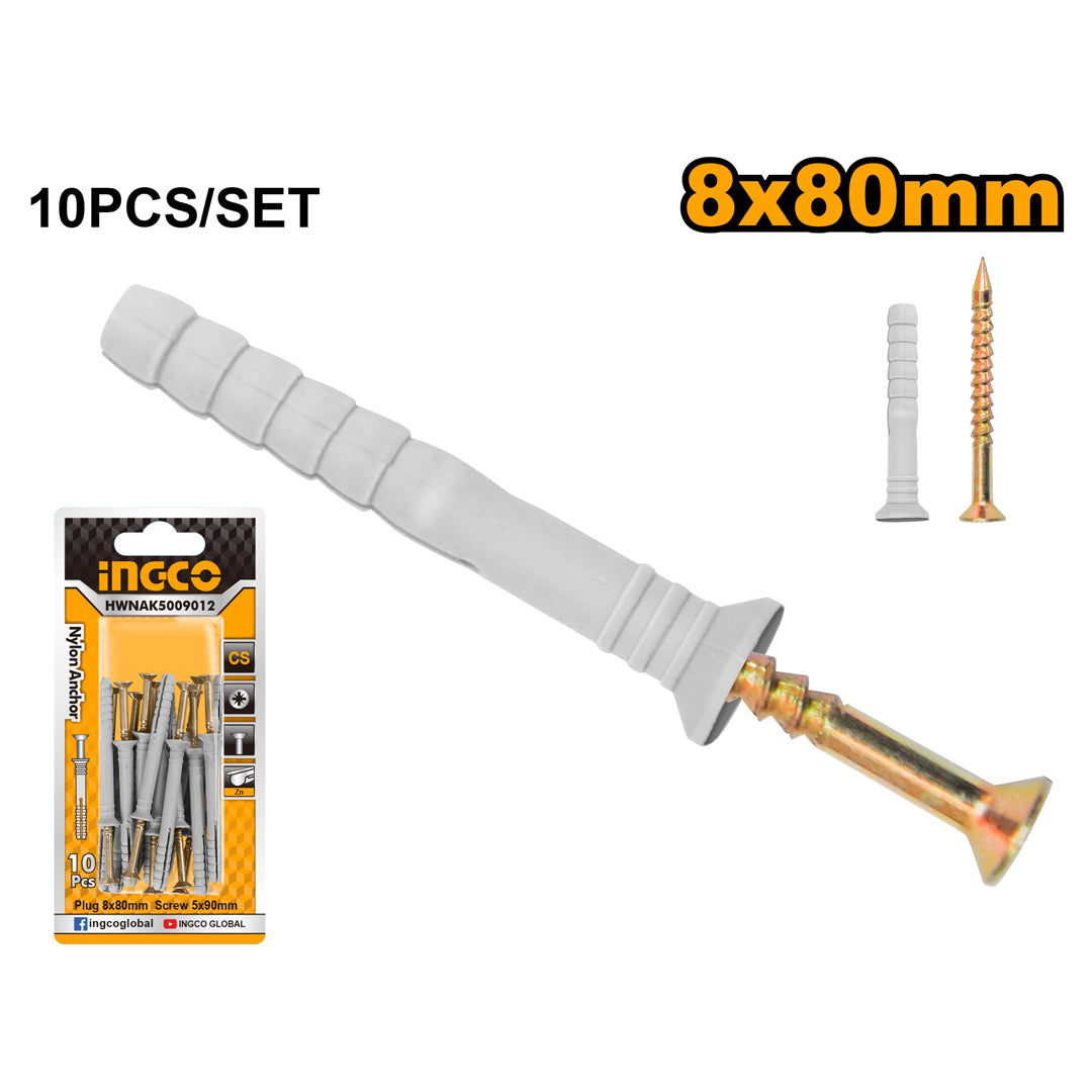 Ingco nylon anchor screw 5x90mm plug 8x80mm fastening
