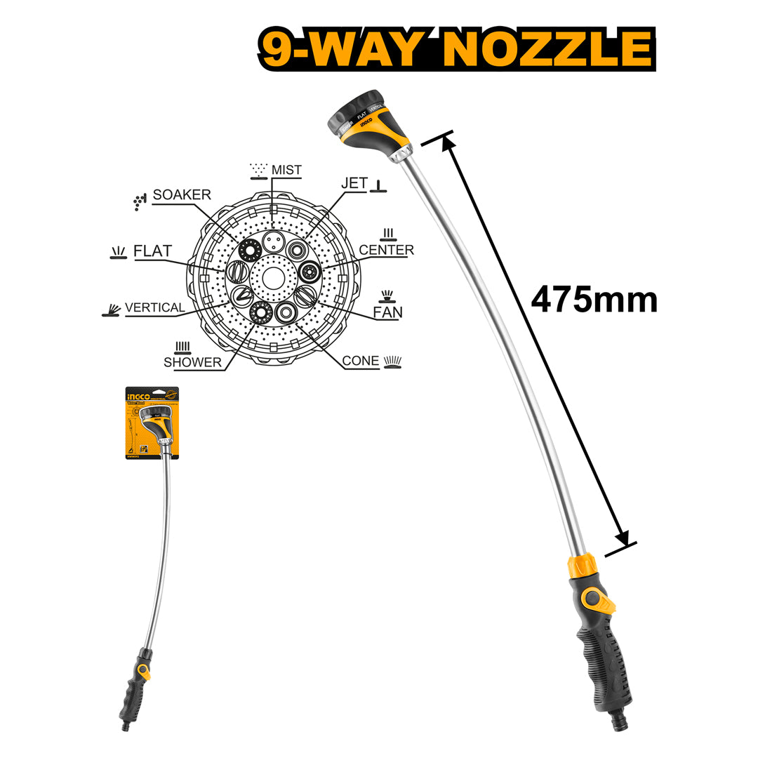 INGCO Water Wand Spray Nozzle – 9 Pattern Garden Hose Sprayer