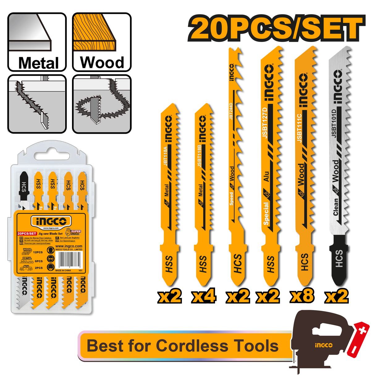 Ingco 20PCS/Set Jig Saw Blade Set Clean Cut Jig Saw Blade for Wood/Metal JSBT2001 ING-HT