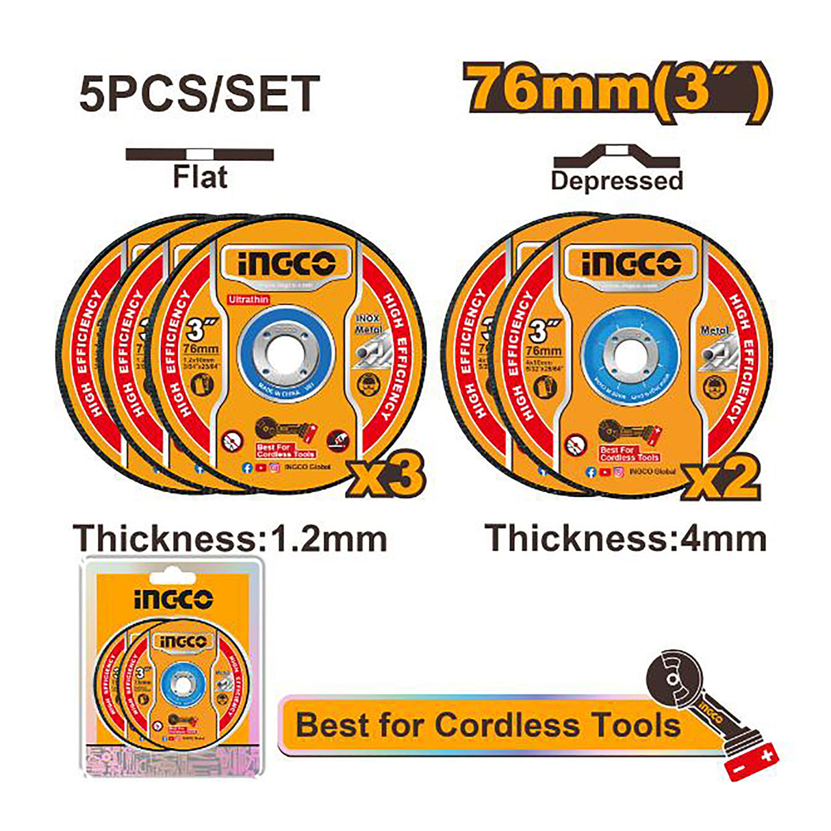 Ingco 5PCS/Set (3inches) Abrasive Metal Cutting and Grinding Disc Set MCD303768 ING-HT