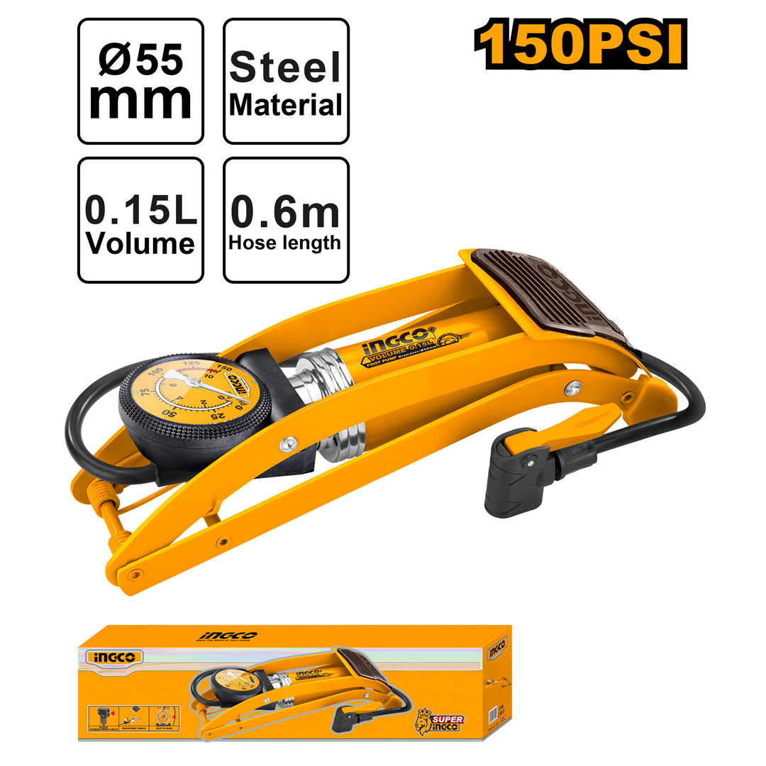 Ingco heavy duty steel foot pump with gauge for car and bicycle