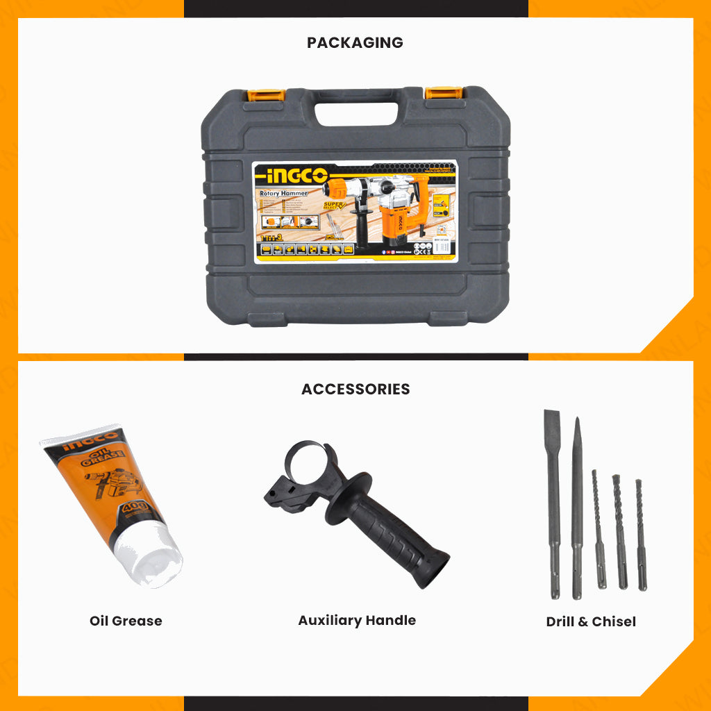 Rotary Hammer / Chipping Gun 1050W w/ FREE Bits and Chisels RH10506 ING-PT