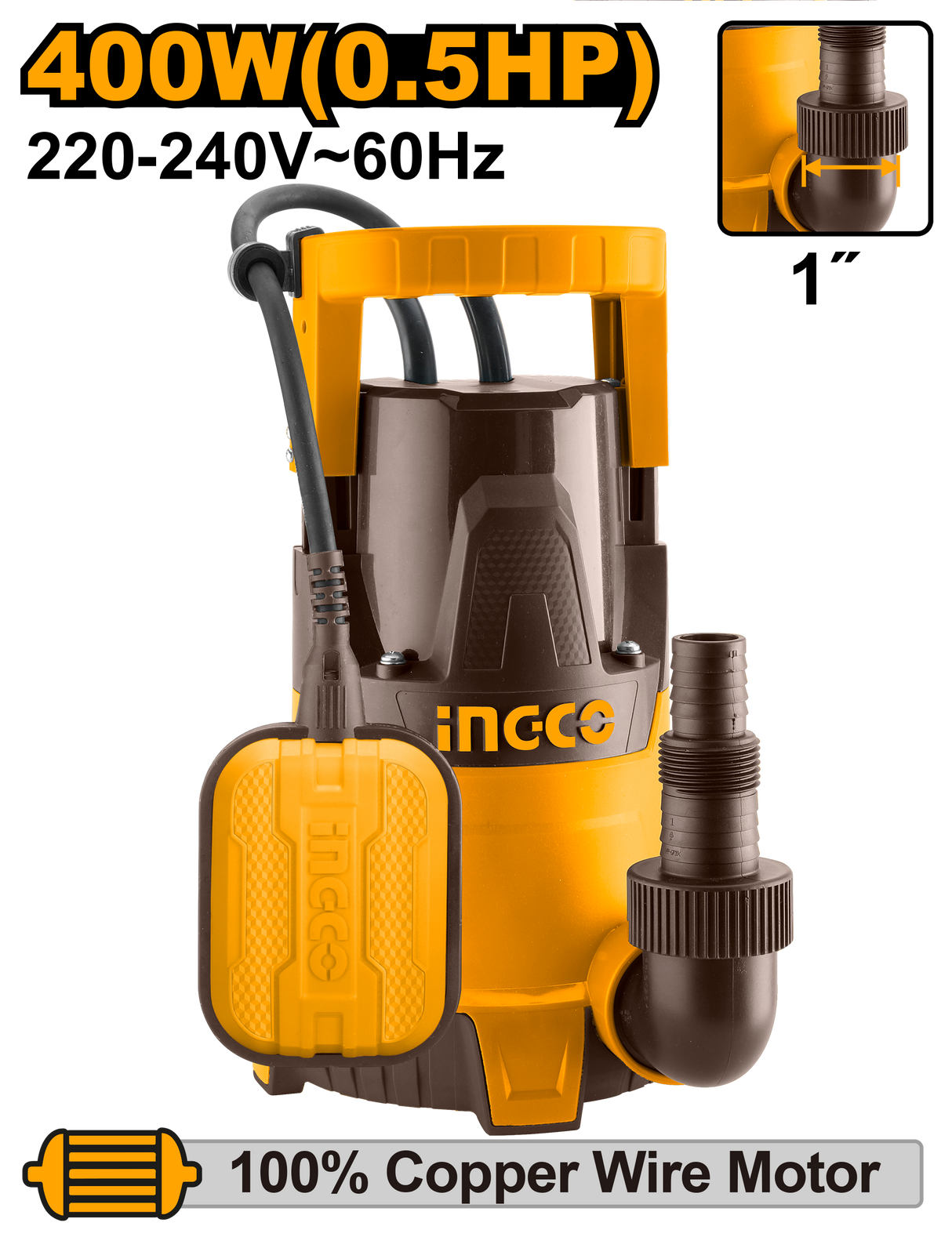 INGCO 0.5HP Submersible Water Pump 400W 100% Copper Motor