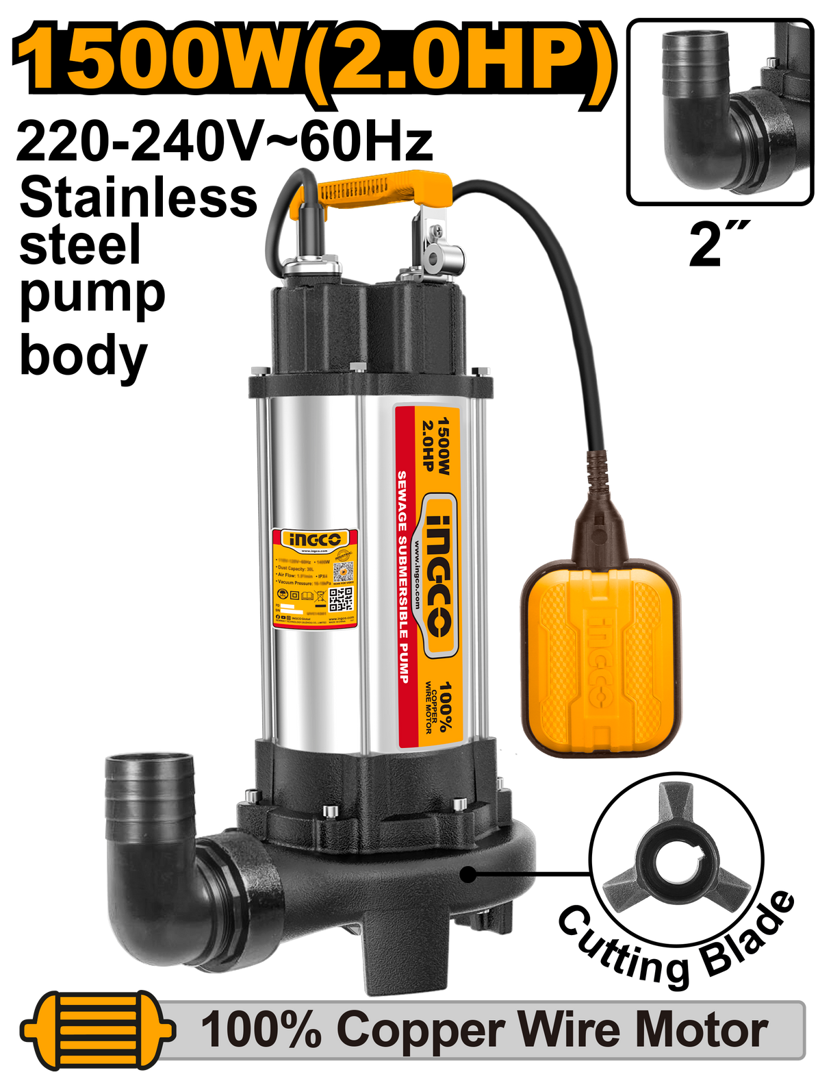 Ingco Sewage Submersible Water Pump 1500W 2HP Max Head 14.5m SPDB15008-5