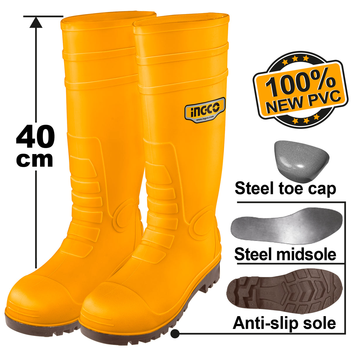 INGCO size 43 PVC safety boots with anti-slip sole and steel toe