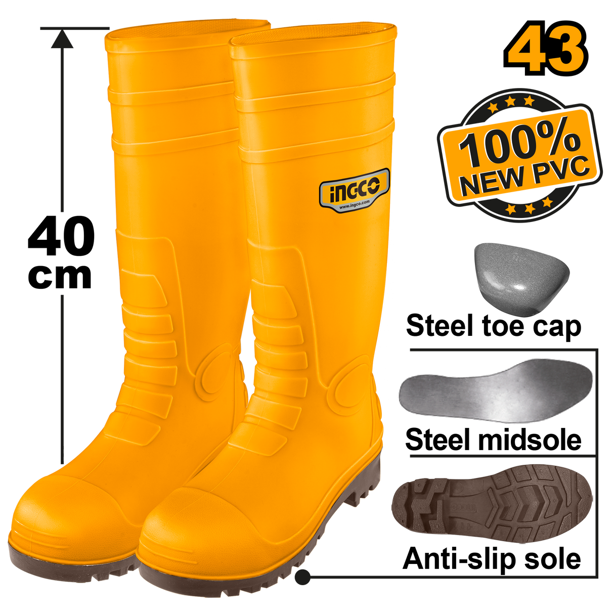 Ingco Safety Boots 100% New Zinc PVC with Anti-Slip Sole and Stee toe cap ING-HT