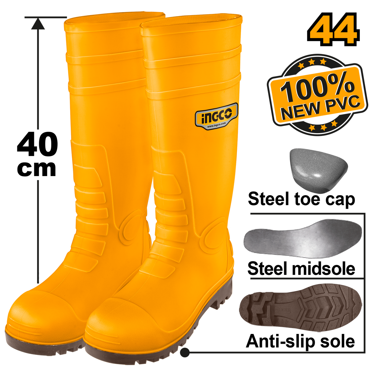 Ingco Safety Boots 100% New Zinc PVC with Anti-Slip Sole and Stee toe cap ING-HT