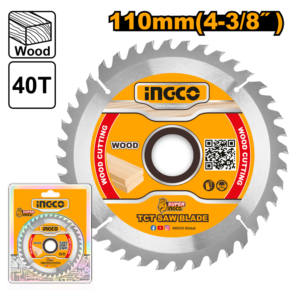 Ingco TCT Wood Saw Cutting Disc Blade 4-3/8inches(110mm) 40T, Arbor: 20mm TSB111015 ING-H