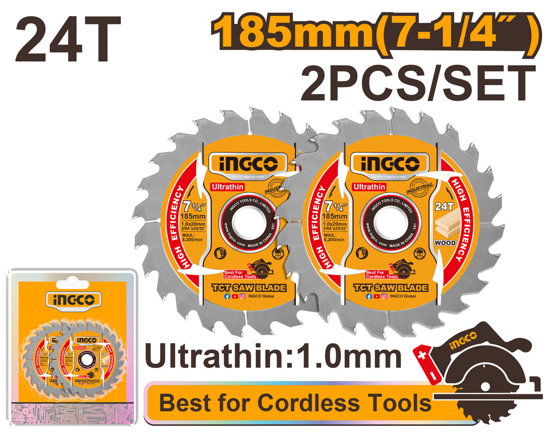 INGCO 7-1/4” ultra-thin TCT saw blade for cordless wood cutting