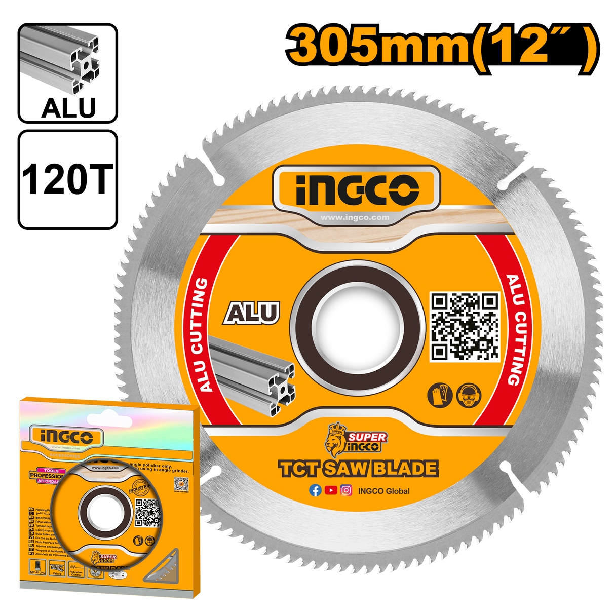 Ingco TCT Aluminum Saw Cutting Disc Blade 12in (305mm) 120T, Arbor:30mm TSB3305212 ING-HT