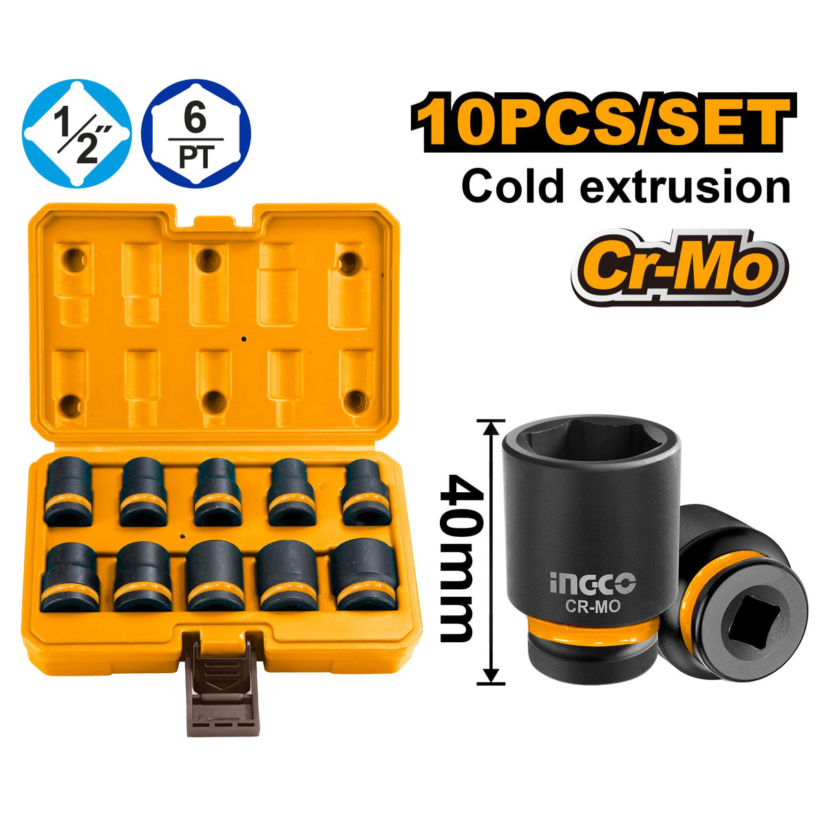 10Pcs 1/2 Inch Industrial Impact Driver Socket Set HKISSD12101 ING-AC