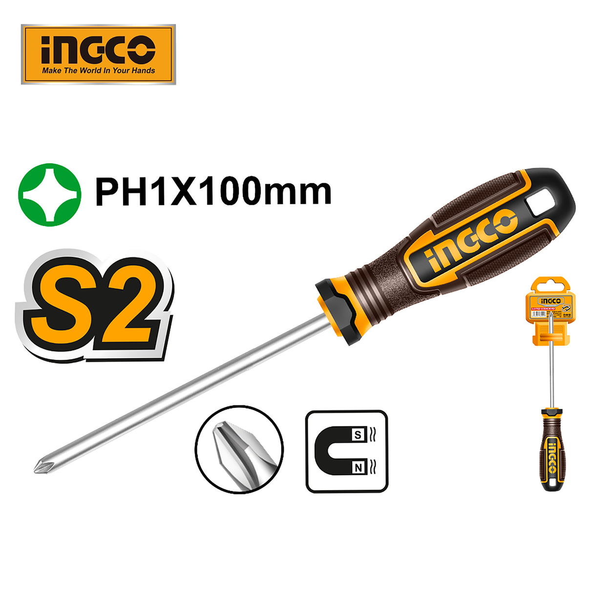 INGCO PH1x100mm Phillips Screwdriver with Tri-Color Handle