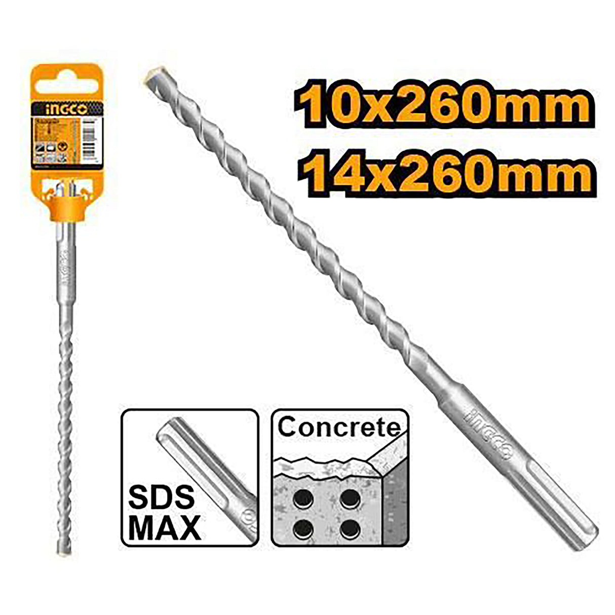 SDS Plus Masonry Drill Bit 10mm-14mm x 260mm for Concrete Masonry Wall Stone ING-AC