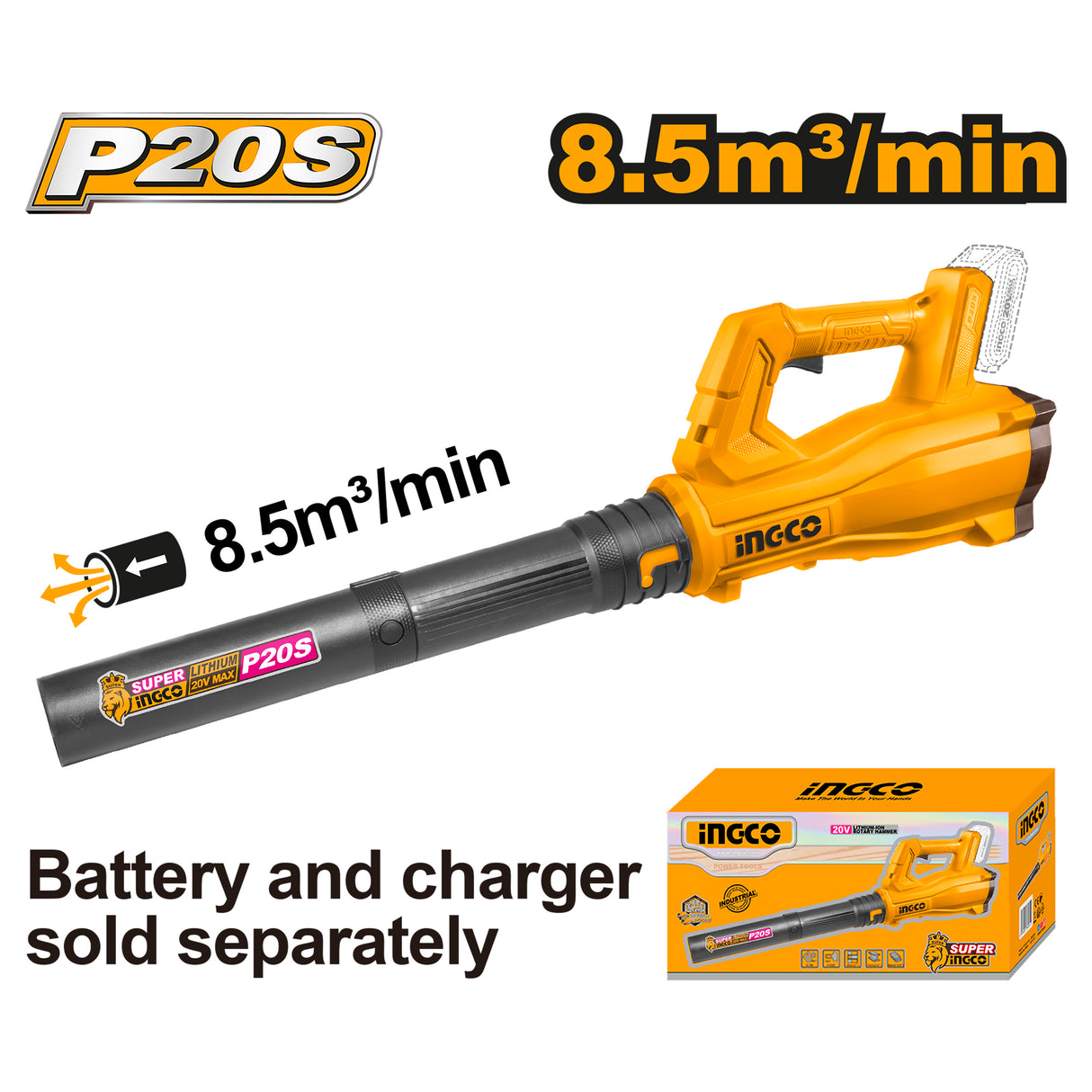 ingco brushless motor lithium-ion cordless blower p20s cabli20323 ing-cor product photo