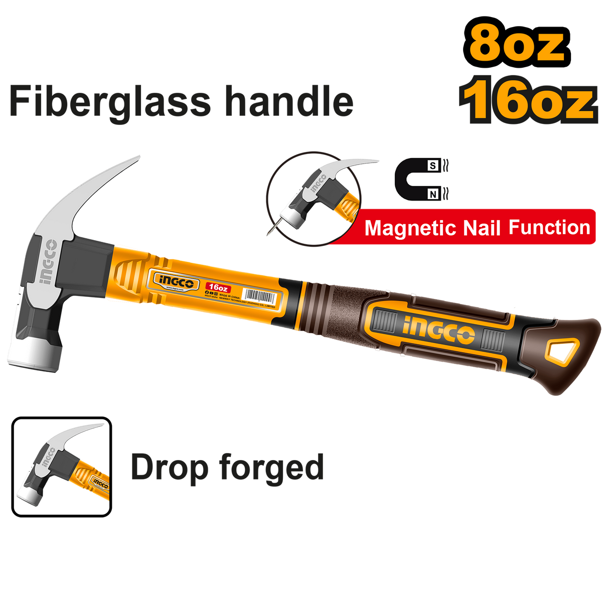 Ingco Ingco Claw Hammer 8oz/220g | 16oz/450g | 20oz/560g Strong Three-Color Fiberglass Handle
