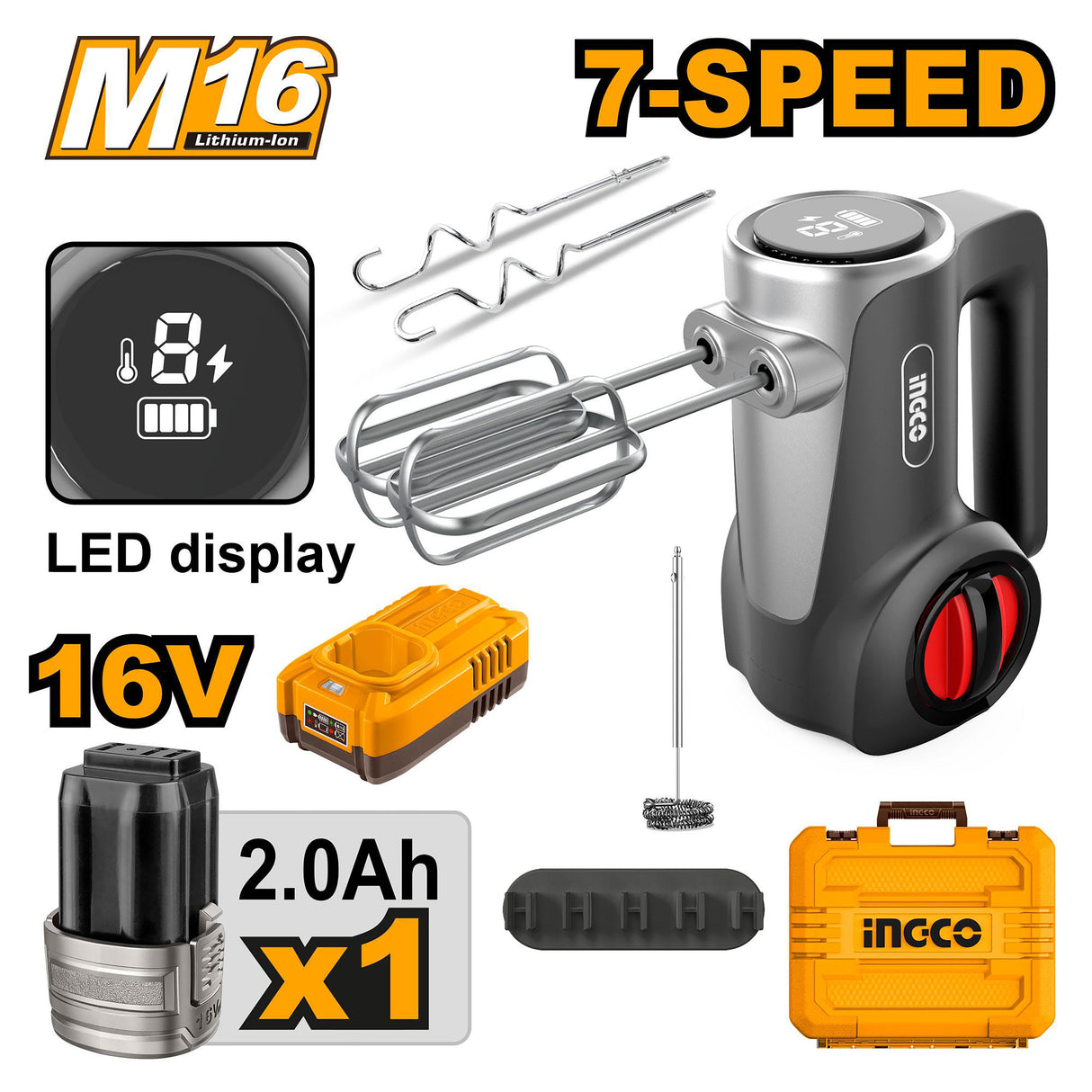 INGCO 16V cordless hand mixer 125W with 7-speed control – CHM022K