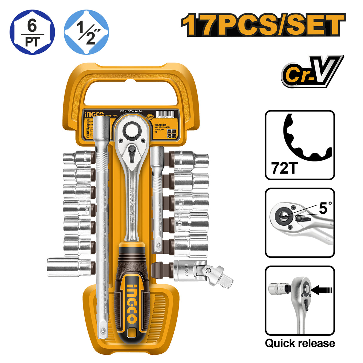 INGCO 17pcs 1/2 inch CR-V socket wrench ratchet set – HKTS12171