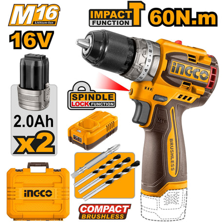 INGCO 16V compact brushless cordless impact drill – CIDLI16682