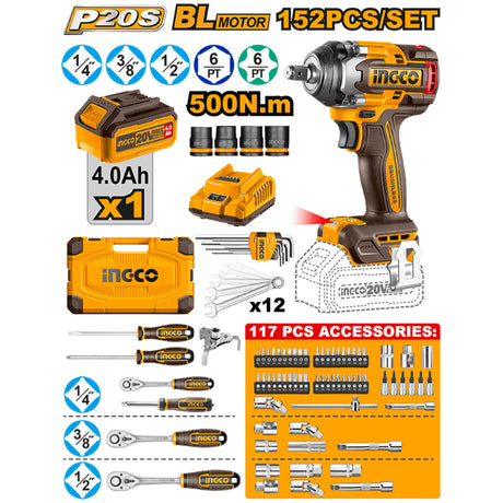 INGCO P20S 20V 152pcs tool set with cordless impact wrench – HKTHP31521