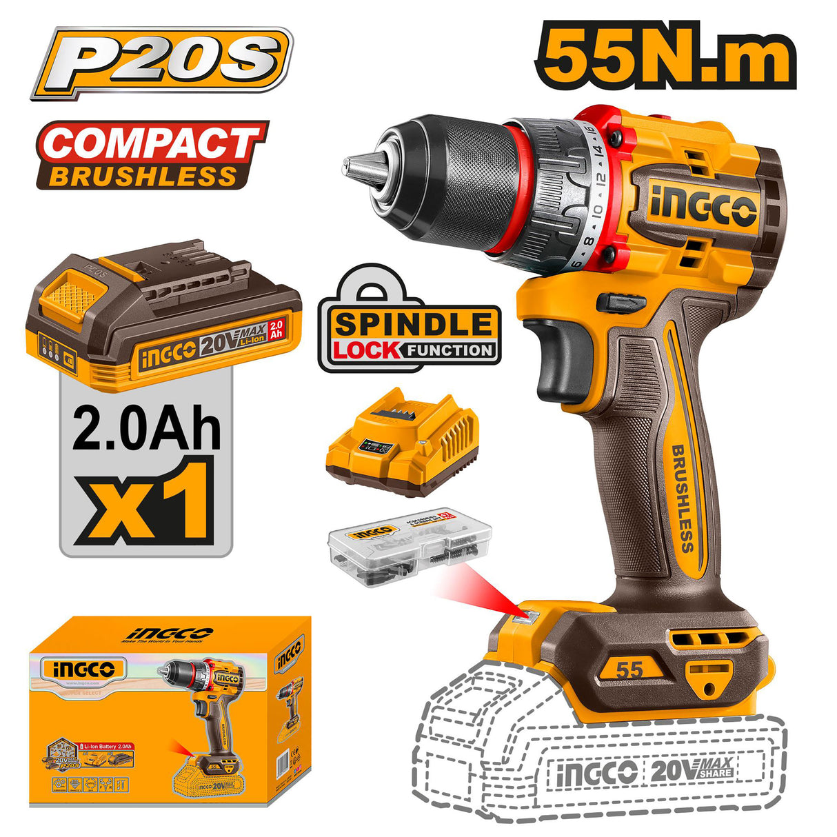 P20S/20V Lithium-Ion Compact Brushless Cordless Drill CDLI205582/CDLI205581 ING-COR
