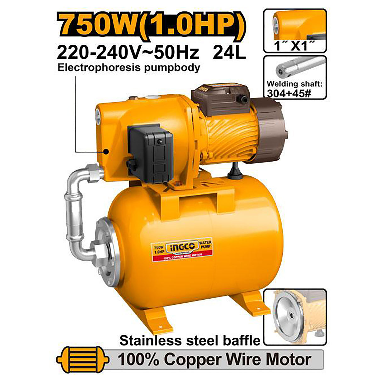 INGCO 750W 1.0HP 24L automatic self-priming jet water pump – JPT075068-5