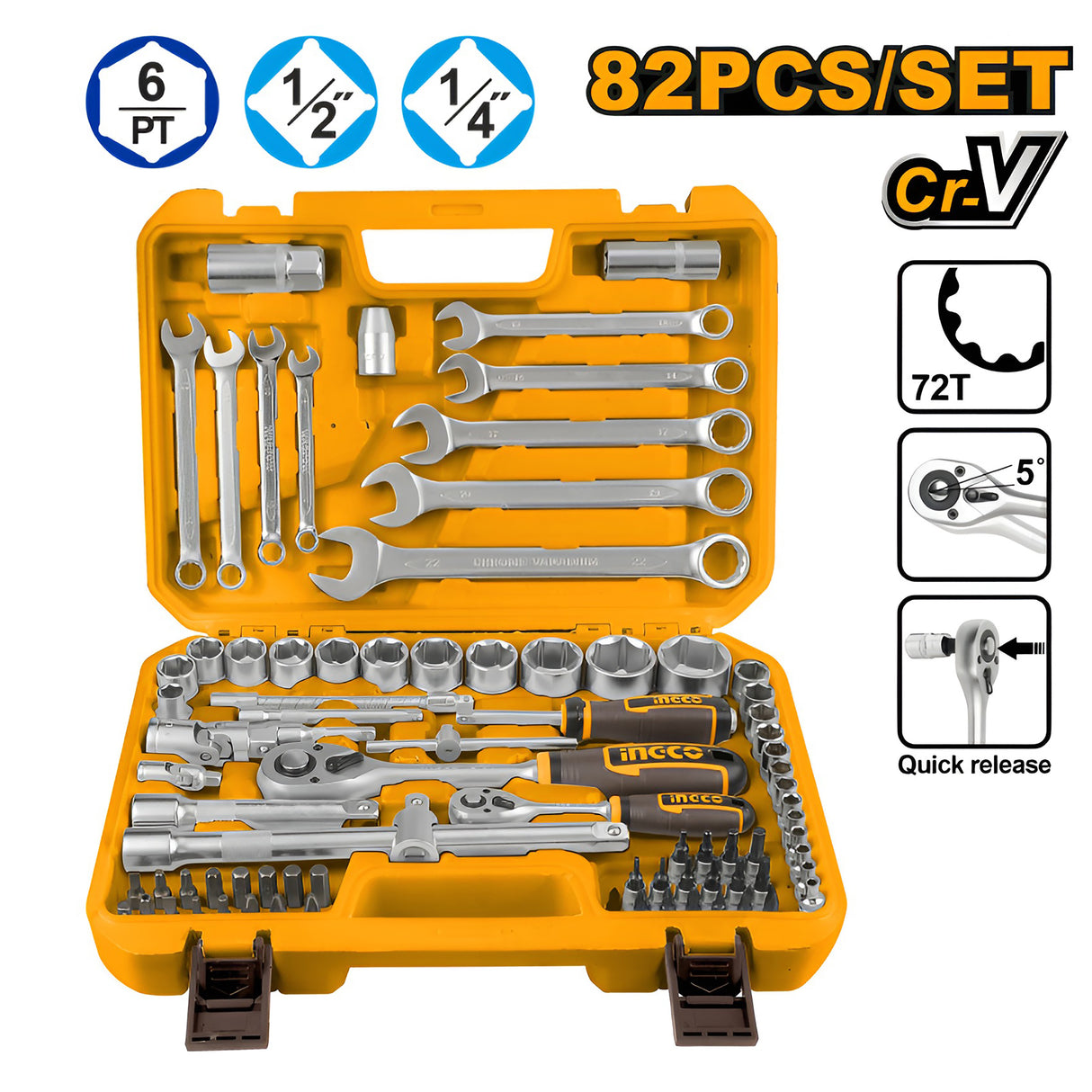 INGCO 82pcs socket set 1/4 and 1/2 inch CR-V steel – HKTS42802