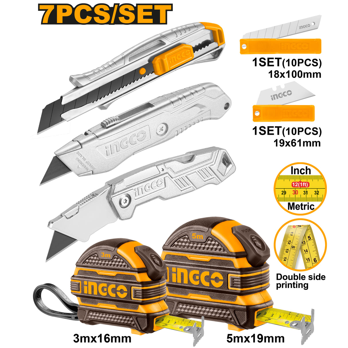 INGCO 7pcs measuring tape and utility knife set – HMK23036
