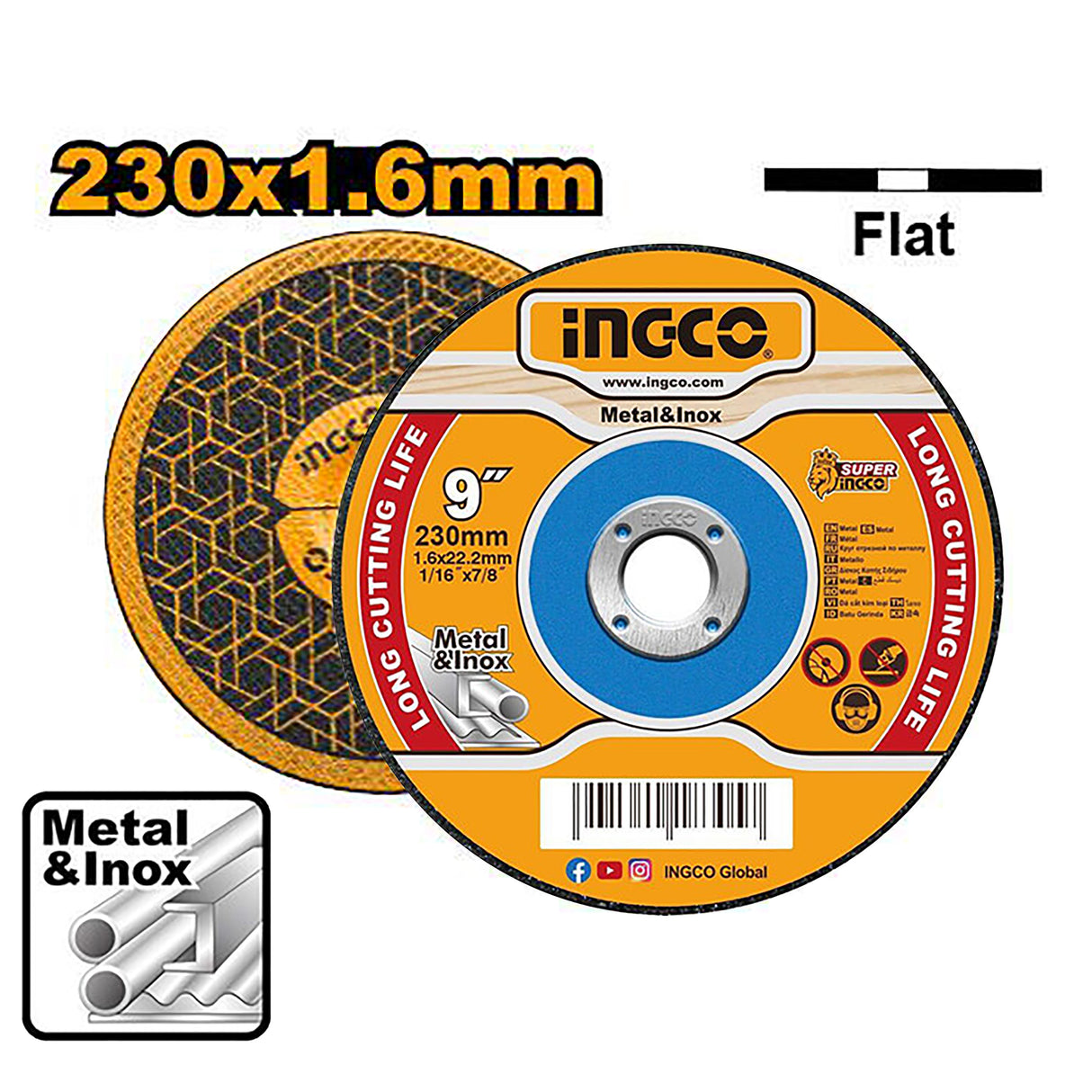 INGCO 230mm (9 inch) abrasive metal cutting disc flat centre – MCD162301