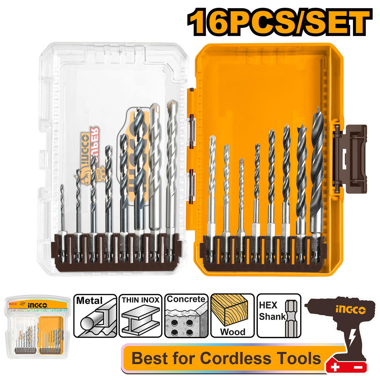 INGCO 16pcs metal and wood multifunction drill bits set – AKDL11606