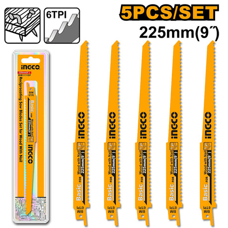 INGCO 5pcs 225mm (9 inch) reciprocating saw blades for wood with nails – RSB1111DF