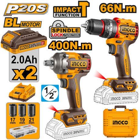 INGCO 20V brushless motor lithium-ion 2pcs cordless combo kit – CKLI20275