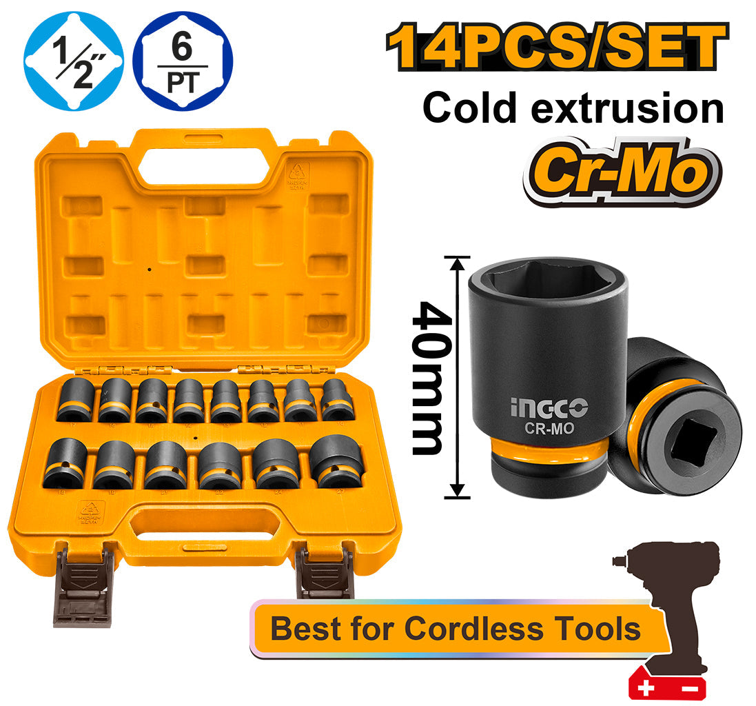 Ingco 14PCS/Set 1/2inches DR. Impact Socket Set HKISSD12141 ING-HT