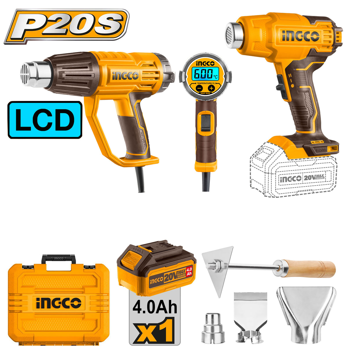 INGCO P20S 20V 2pcs combo kit with lithium-ion cordless heat gun – COSLI240201