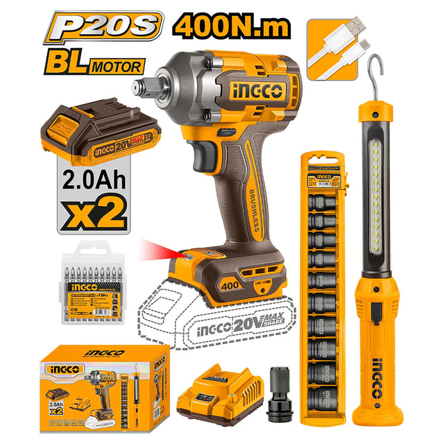 INGCO P20S 20V 2pcs combo kit with cordless impact wrench – COSLI23048