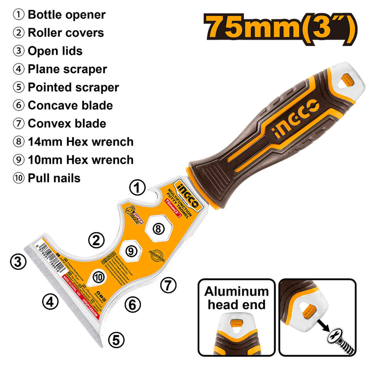 INGCO 75mm multi-function putty trowel HPUT18060M
