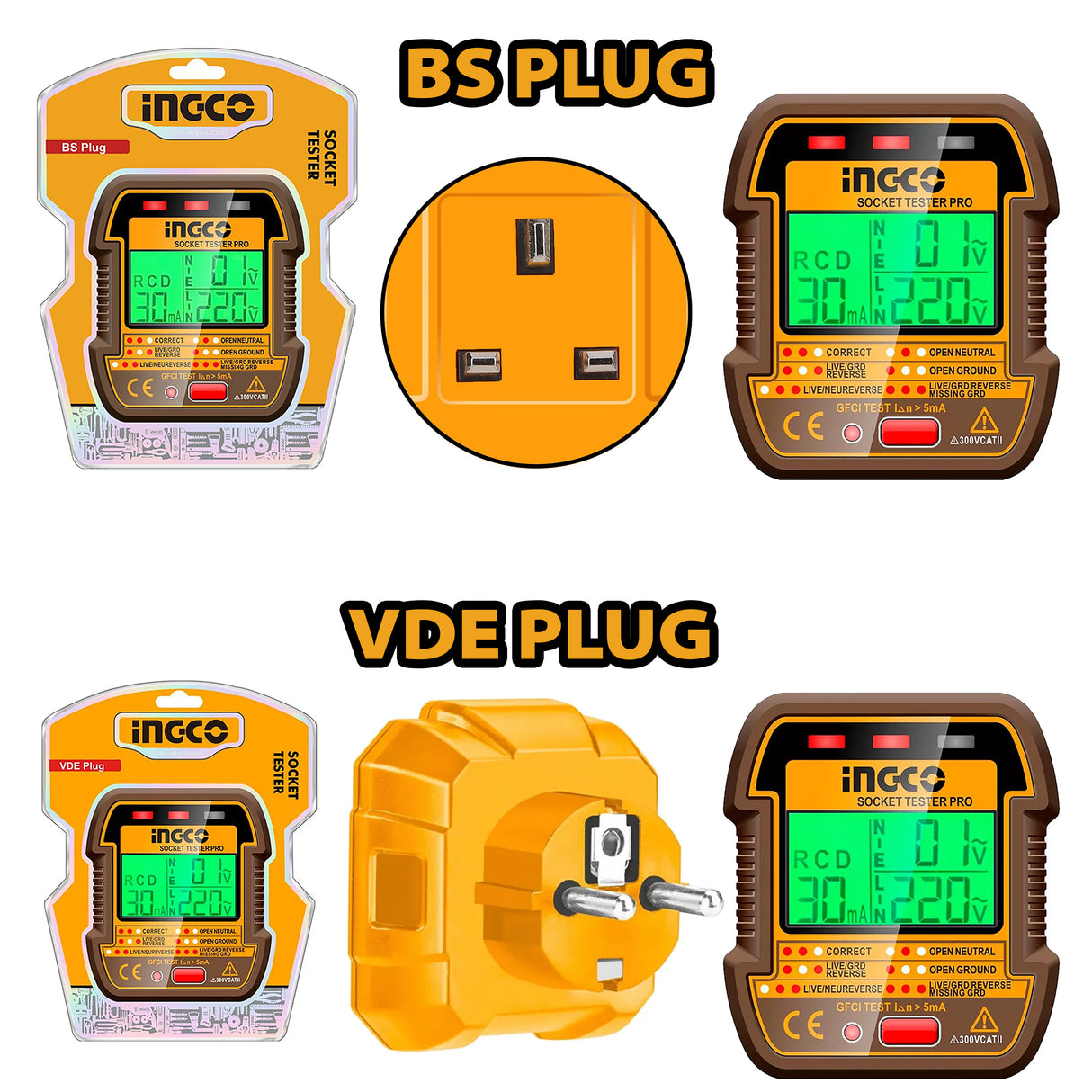 INGCO BS VDE plug socket tester with LCD display anti-electric shock HESST30011