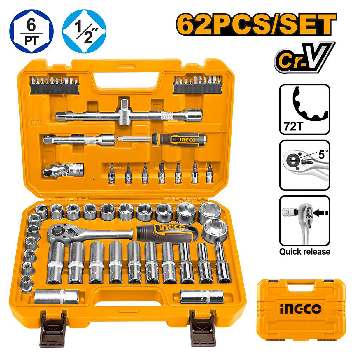 INGCO 62pcs 1/2in socket set CR-V steel HKTS12602