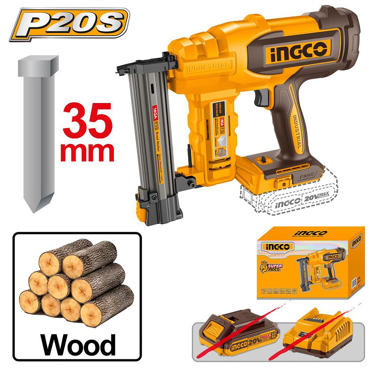 INGCO P20S 20V cordless brad nailer kit with 1000 nails 35mm CBNLI2005