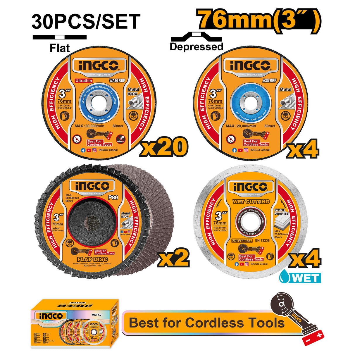 INGCO 30pcs cutting and grinding disc set 76mm x 10mm MCD07630