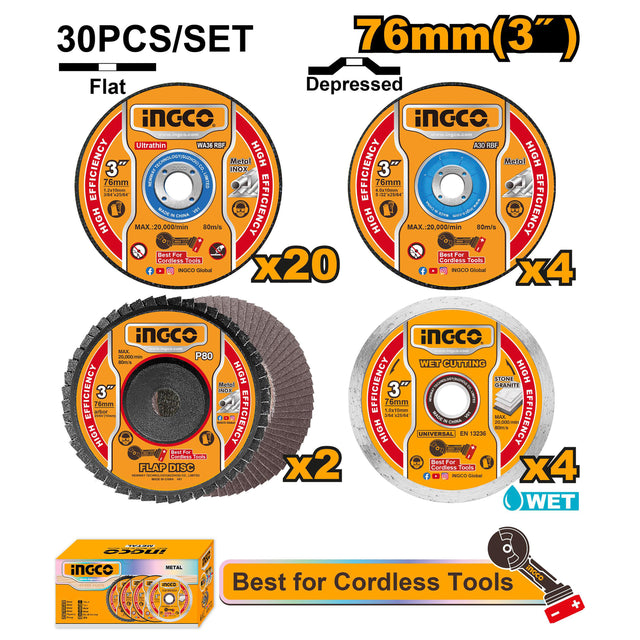 INGCO 30pcs cutting and grinding disc set 76mm x 10mm MCD07630